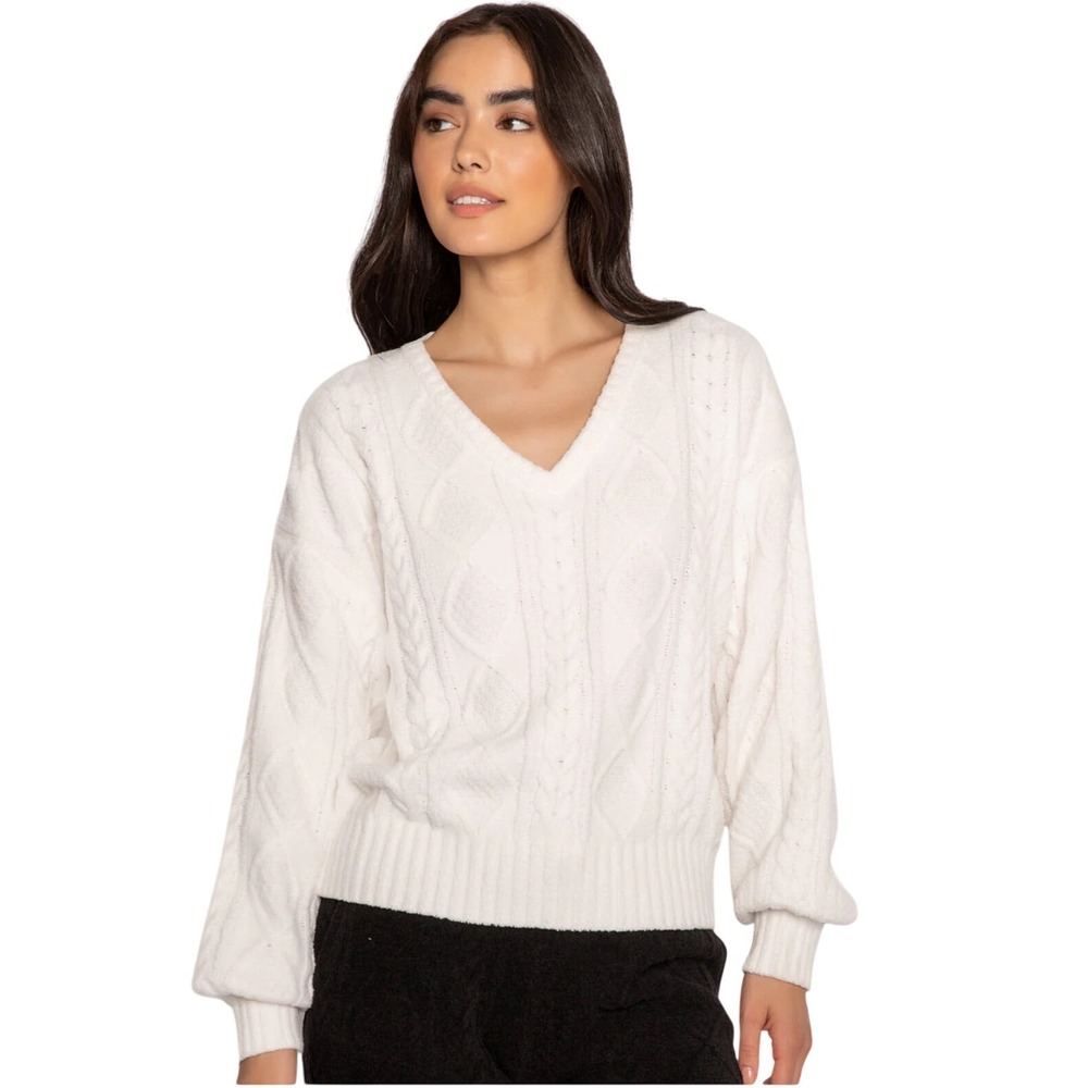 PJ Salvage Ivory Cable Knit Chenille Lounge Sweater V-Neck Cozy Soft Women's M